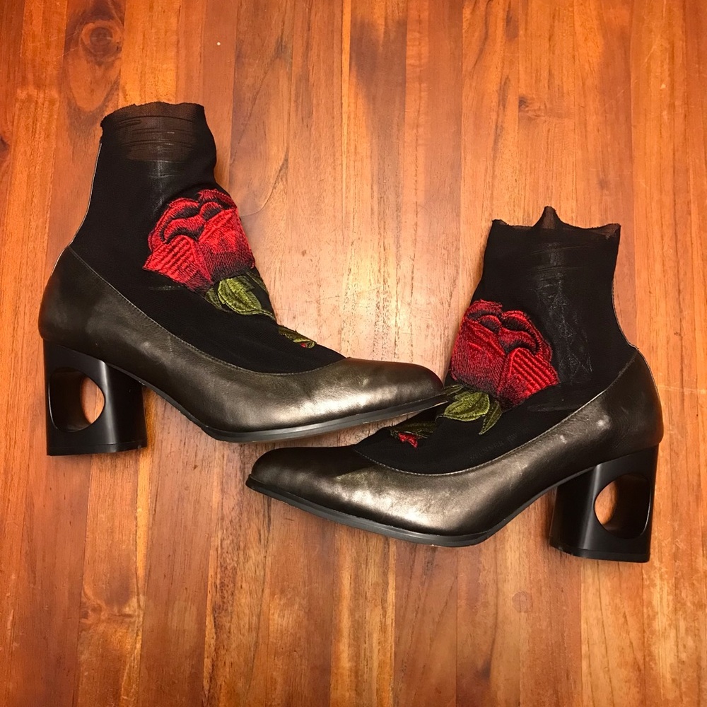 Azura Metallic Heels With Attached Stocking And Large Embroidered Rose Size 39